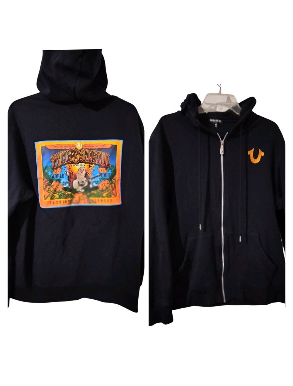 M1259) True Religion Men Anthem Sunrise World Tour Black Zip Up Hoodie XL